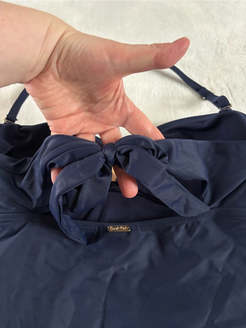 Calvin Klein Ruched One Piece Swimsuit Navy Blue Gold Bar Tummy Control Sz 6 - Picture 5 of 9